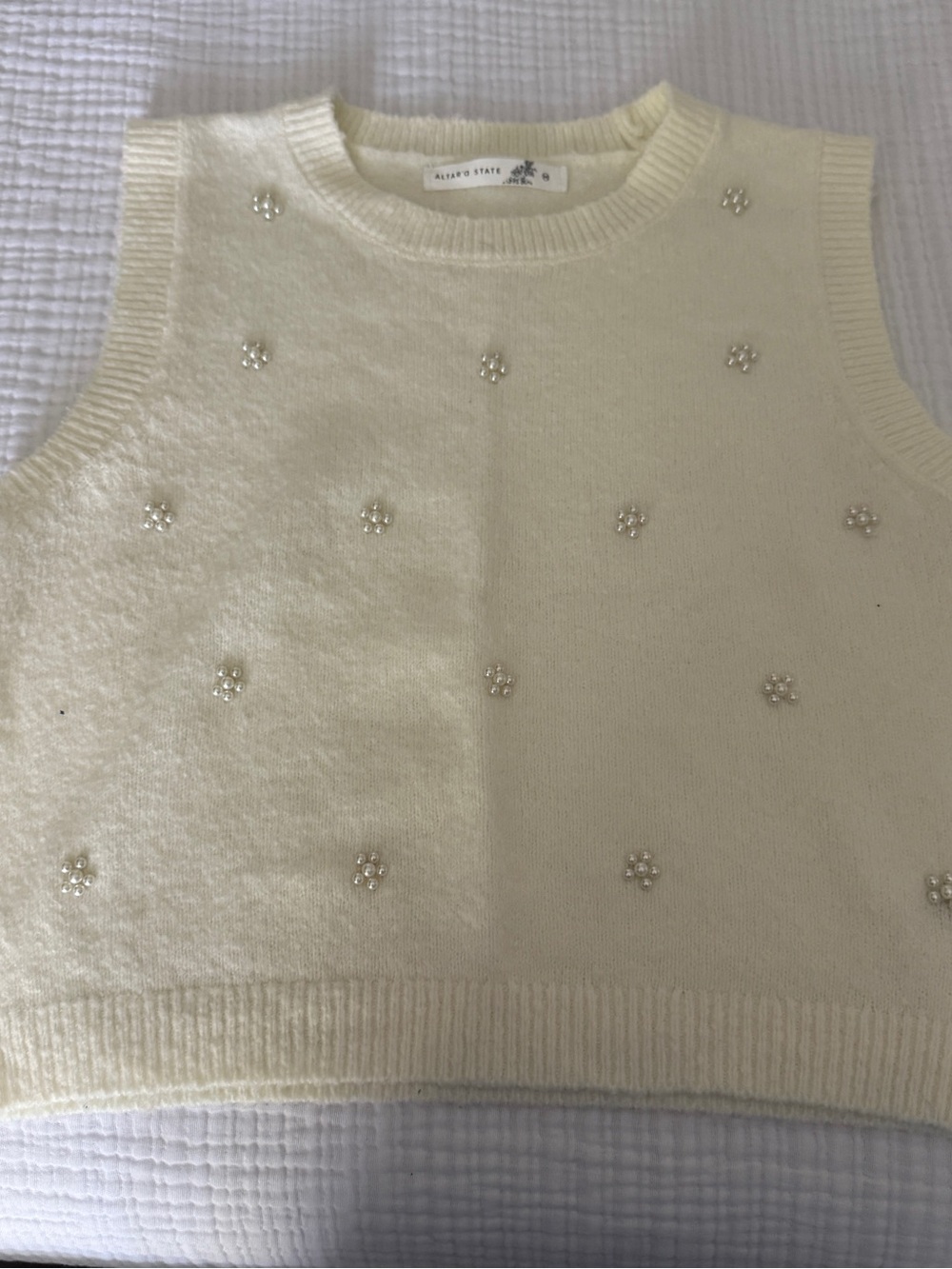 Altar'd State Cream Pearl-Embellished Crewneck Sweater Vest